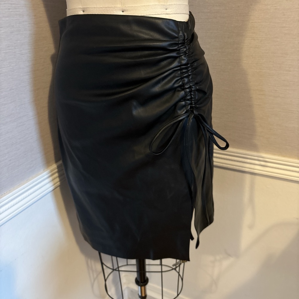 Mustard Seed Black Faux Leather Ruched Side Tie Pencil Skirt